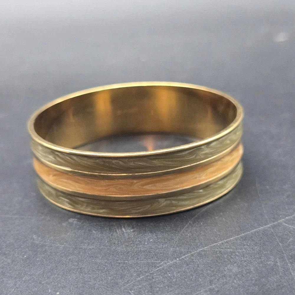 Monet Enamel Bangle Bracelet Coral Gray Beige Gold Tone Vintage